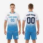 Blue and white custom soccer uniform full kit back view showing player name arc above back number on sublimated jersey
