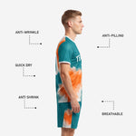 Side view of vivid teal orange custom soccer uniform men showing anti-wrinkle anti-pilling quick dry and breathable fabric features