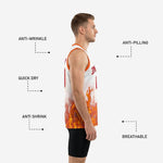Back view of custom white and orange basketball jersey with back number and name print zones over flame graphic