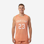 White and orange basketball jersey front view showing arced team name and number 23 on solid orange panel with white side panels and crew neck binding