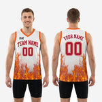 Size chart for custom white and orange basketball jersey showing youth and adult sizing measurements
