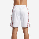 Back view of white basketball shorts with red stitch side panels and wide elastic waistband with internal drawcord