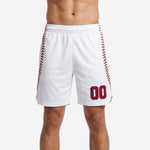 Custom white basketball shorts front view showing red stitch side panel and sublimated number 00 on lower left leg