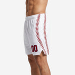 White and red basketball shorts opposite side view with stitch panel running from waistband to hem split