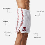 Size and specification sheet for custom white basketball shorts with red stitch design, youth through adult sizing