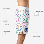 Back view of custom white basketball shorts showing full-coverage swirl pattern and sublimated number placement