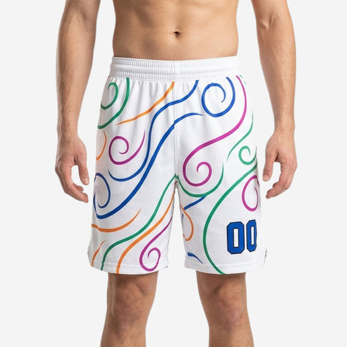 Custom white basketball shorts with multicolor swirl print and blue player number 00 on front thigh, full front view