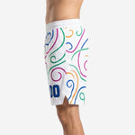 Left side view of custom printed white basketball shorts with elastic waistband and internal drawcord detail