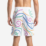 Right side view of personalized white basketball shorts with flowing swirl lines in blue pink green orange and purple