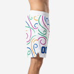 Side view of mens custom white basketball shorts showing multicolor swirl pattern wrapping the full leg panel and side split at hem