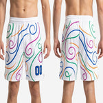 Size and spec sheet for custom white basketball shorts showing youth through adult size run and construction details