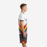 Custom white soccer uniform set with charcoal shorts and diagonal stripe design - left side view