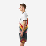 White and charcoal custom soccer uniforms with full-dye sublimation halftone dot pattern - right side view