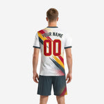 White sublimated soccer jersey with team name and number print zones - detail front view