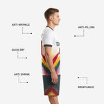 Charcoal soccer shorts with coordinated diagonal sublimation design matching white jersey - side detail