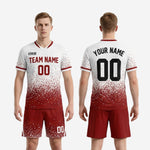 Full back view of white and dark red custom soccer team uniform set showing back number and name placement