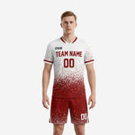Front view of white and dark red dot-burst custom soccer team uniform set with team name and number on chest