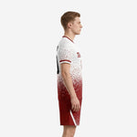 Left side view of men's custom soccer team uniform set in white to dark red dot-burst sublimation print