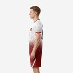 Right side view of white and dark red custom soccer team uniform set showing full jersey and shorts design