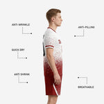 Dark red dot-burst sublimated soccer shorts with white accent stripe and player number on left leg