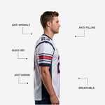 Full back view of white navy football jersey with player nameplate and back number placement across upper back