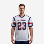 Custom football jersey supplier white and navy V-neck with stripe sleeve band and front number 23 on male model