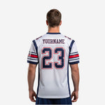Right side view of custom white navy football jersey for teams showing set-in sleeve cut and side panel depth
