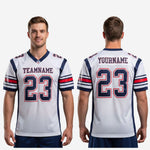 Size and specification chart for white and navy custom sublimated football jersey youth and adult roster sizing