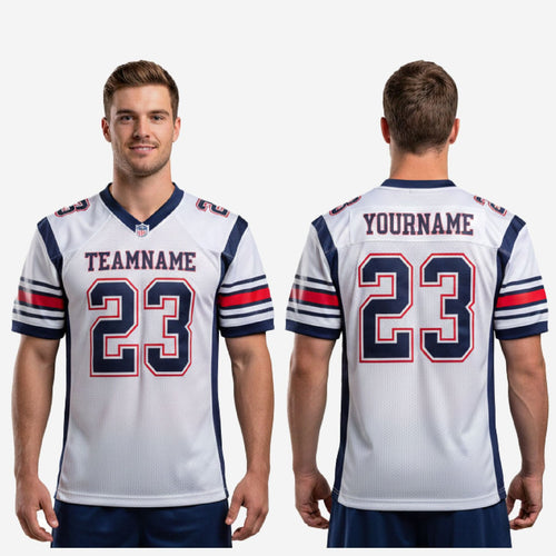 Size and specification chart for white and navy custom sublimated football jersey youth and adult roster sizing