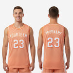 Size and specification chart for custom white and orange basketball jersey covering youth and adult sizes