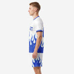 Alternate side view of custom Royal Blue and White full soccer uniform with flame graphics