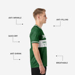 Back view of custom Forest Green soccer team jersey with player name and number print zones