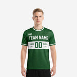 White trim custom green soccer team jersey in Forest Green with white horizontal chest band, front view on adult male model