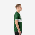 Custom green soccer team jersey showing white crew neck trim and short sleeve cuff detail, left side view
