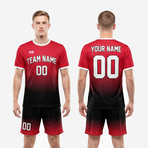 Back view of custom red and black soccer uniforms showing back name and number print zones