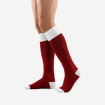 Angled view of white trim custom dark red soccer socks displaying ribbed cuff and reinforced white toe zone