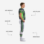 Back view of custom charcoal and neon green youth football uniforms showing back number, nameplate area and white pant rear panel with side stripe