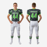 Size and spec sheet for custom white charcoal and neon green youth football uniforms showing youth size run for full roster ordering
