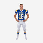 White youth football uniforms in royal blue with gold accent and matching white pants with double side stripe, front view