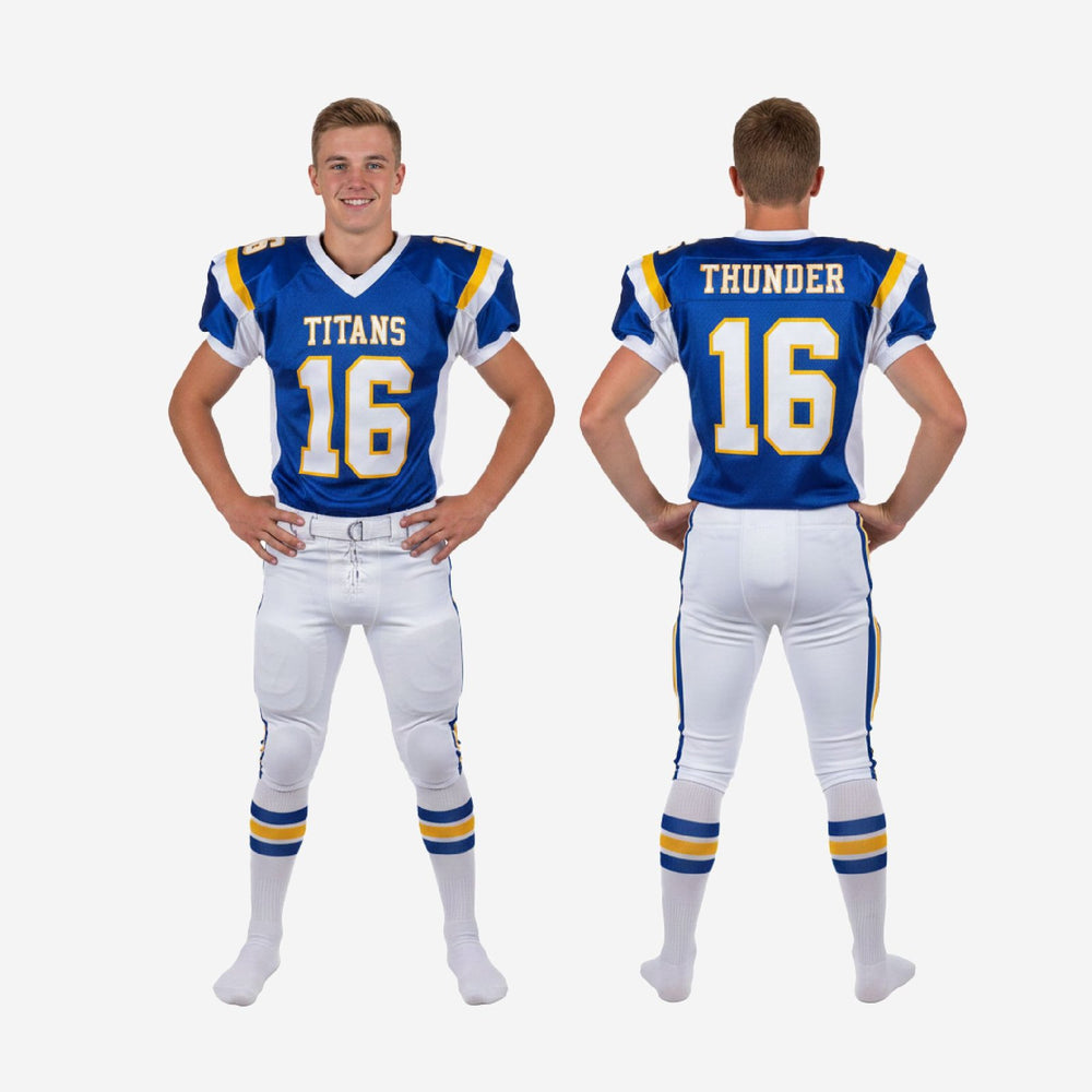 White Youth Football Uniforms - Custom Royal Blue and Gold