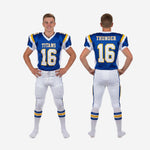 Size and specification chart for white youth football uniforms in royal blue and gold, available in full youth sizes