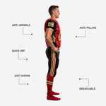 Back view of custom team football uniform showing player nameplate area, back number placement, and black pants with gold and red side stripe