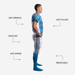 Back view of custom wholesale american football uniform in light blue and white showing back number placement, navy collar trim, and white pants with triple side stripe