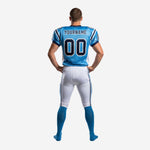 Right side view of personalized american football uniform showing diagonal navy shoulder stripe detail, sleeve number placement, and pant stripe running to below the knee