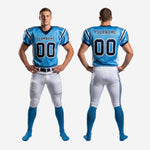 Size and specification chart for wholesale american football uniforms in light blue and white showing youth through adult size run and print zone details