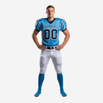 Wholesale american football uniforms in light blue and white with navy trim, front view showing team name and number 00 on chest and matching white pants with triple navy side stripe