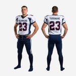 Size and specification sheet for wholesale American football uniforms showing youth and adult size run for team roster orders