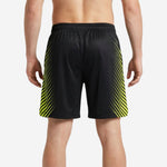 Back view of black and neon yellow custom basketball shorts showing rear construction and waistband finish