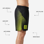 Front and back view of wholesale basketball shorts in black and neon yellow with full-dye sublimated speed-line design