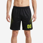 Wholesale basketball shorts in black and neon yellow with diagonal speed-line stripe pattern and player number 00 on front thigh panel
